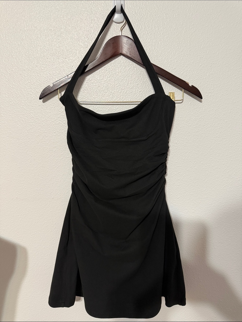 White Fox Boutique Black Ruched Halter Mini Dress